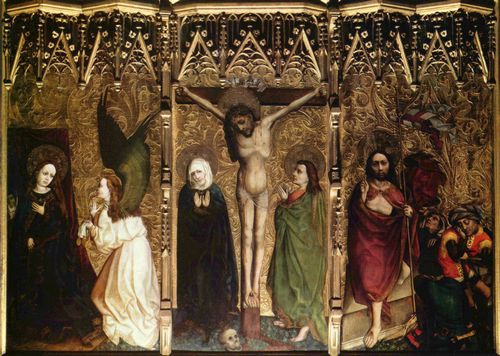 Meister des Tucher-Altars: Tucher-Altar, Mitteltafel, Szenen: Die Verkndigung an Maria sowie Kreuzigung und Auferstehung Christi