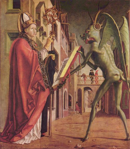 Pacher, Michael: Kirchenvteraltar, rechter Flgel auen, Szene unten: Hl. Wolfgang und der Teufel