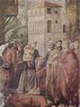 Masaccio: Szenen aus dem Leben Petri, Szene: Petrus verteilt Almosen an die Gemeinde. Tod des Ananias und seiner Frau