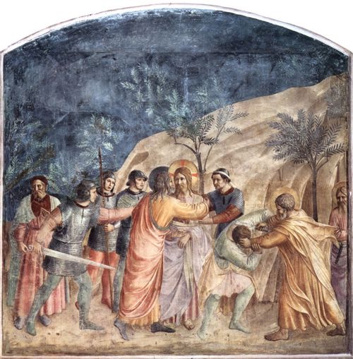 Angelico, Fra: Freskenzyklus im Dominikanerkloster San Marco in Florenz, Szene: Gefangennahme Christi, mit Judasku und Petrus, der dem Knecht Malchus ein Ohr abschneidet