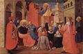 Angelico, Fra: Tabernakel der Flachsweber-Zunft von Florenz, linke Predellatafel, Szene: Predigt des Hl. Petrus in Anwesenheit des Hl. Markus