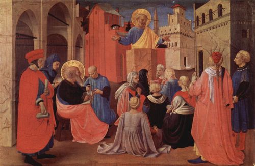 Angelico, Fra: Tabernakel der Flachsweber-Zunft von Florenz, linke Predellatafel, Szene: Predigt des Hl. Petrus in Anwesenheit des Hl. Markus