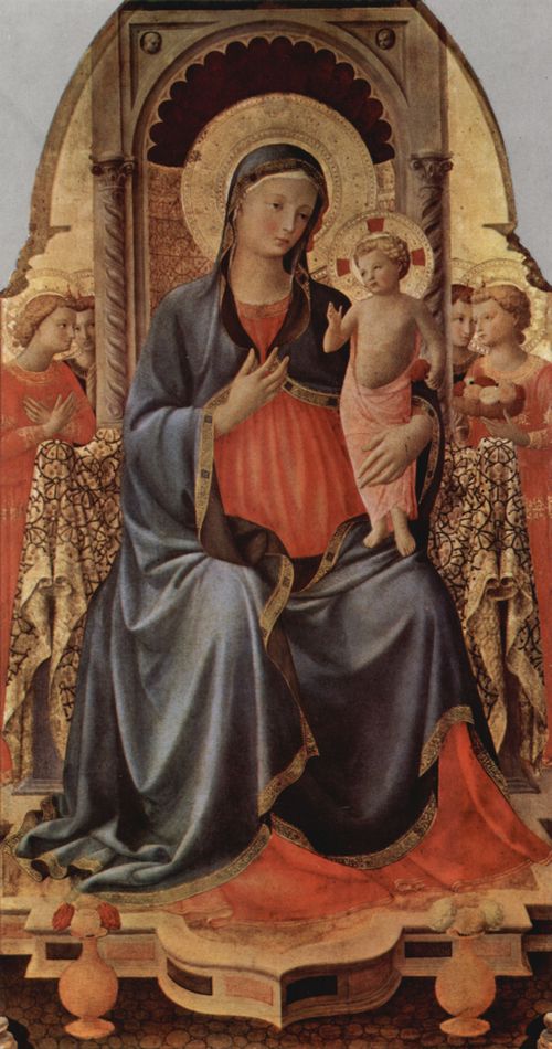 Angelico, Fra: Maria mit dem Kind und Engeln, Haupttafel eines Triptychons mit zwei Heiligen je Flgel, Predellatafeln zum Leben des Hl. Dominikus und Giebelszenen