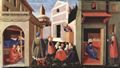 Angelico, Fra: Predellatafel des Triptychons von San Domenico in Perugia zum Leben des Hl. Nikolaus von Bari, Szene: Geburt, Erziehung durch den Bischof, N. wirft goldene Kugeln in Zimmer dreier Jungfrauen