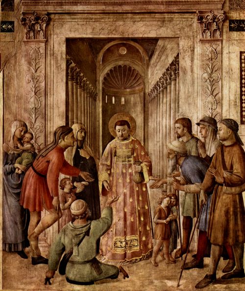 Angelico, Fra: Freskenzyklus zum Leben der Heiligen Stephan und Laurentius, Szene: Hl. Laurentius verteilt den Kirchenschatz an die Armen
