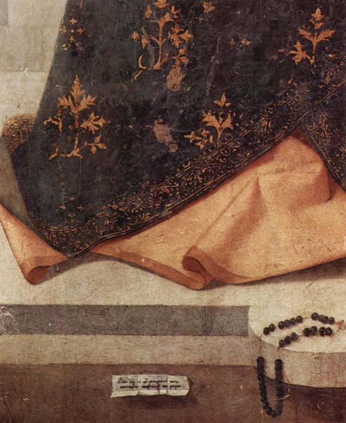 Antonello da Messina: Polyptychon des Hl. Gregor, Mitteltafel, Szene: Thronende Madonna, Detail: Signatur und Datierung des Knstlers