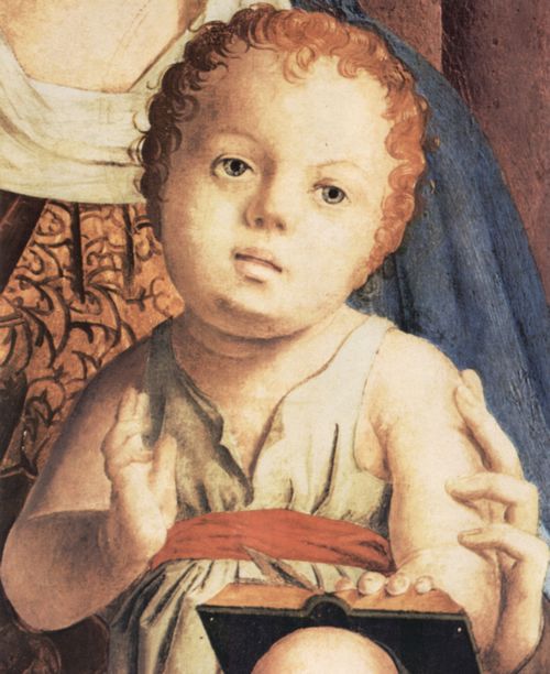 Antonello da Messina: Thronende Madonna, Fragment der Pala di San Cassiano, Venedig, Detail: Christuskind