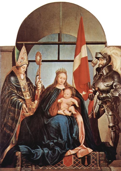 Holbein d. J., Hans: Gerster-Altar, Szene: Thronende Madonna, links: Hl. Nicolaus von Myra, rechts: Hl. Ursus