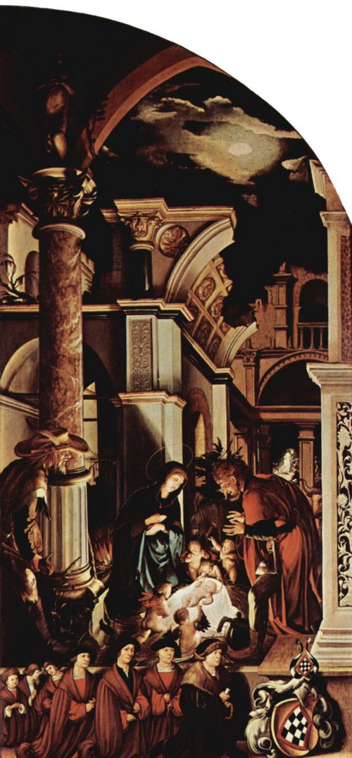 Holbein d. J., Hans: Altarretabel des Hans Oberried für den Dom von Freiburg, rechter Flügel: Geburt Christi, Anbetung der Hirten, mit Stifter mit seinen Söhnen