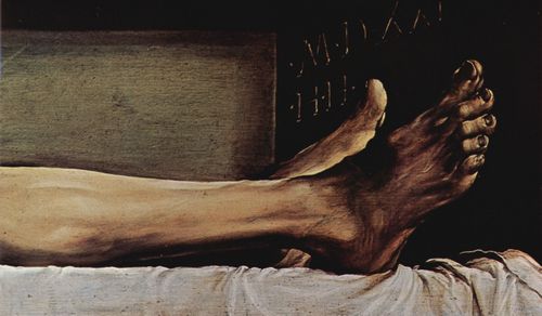Holbein d. J., Hans: Altarretabel des Hans Oberried für den Dom von Freiburg, Predella: Toter Christus, Detail: Füße Christi und Datierungsinschrift