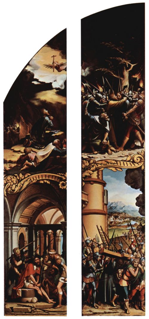 Holbein d. J., Hans: Passionsaltar, linke äußere Tafel, Szenen: Verspottung Christi, Christus auf dem Ölberg, linke innere Tafel, Szenen: Kreuztragung und Judaskuss