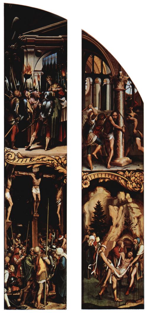 Holbein d. J., Hans: Passionsaltar, rechte uere Tafeln, Szenen: Grablegung und Geielung Christi, rechte innere Tafel, rechte innere Szenen: Kreuzigung und Christus vor Pilatus