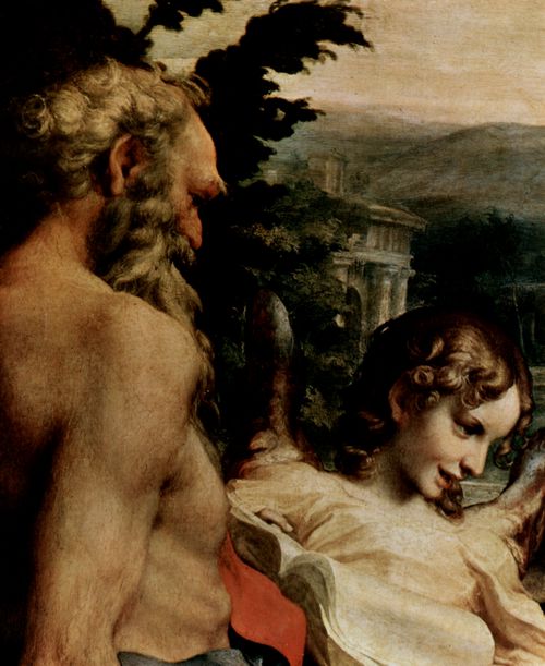 Correggio: Madonna des Hl. Hieronymus (Der Tag), Szene: Maria mit dem Kind, der Hl. Hieronymus, die Hl. Maria Magdalena, Johannes der Tufer und ein Engel, Detail: Hl. Hieronymus und Engel