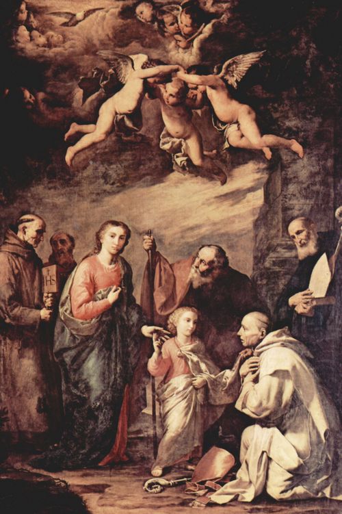 Ribera, Jos de: Die Heilige Familie mit Hl. Bruno, dem Kartuser und Heiligen, links: Hl. Bernhard von Siena und Hl. Bonaventura sowie Hl. Elias
