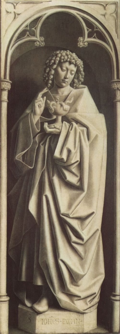 Eyck, Jan van: Genter Altar, Altar des Mystischen Lammes, rechter Auenflgel, untere innere Szene: Hl. Johannes der Evangelist, Skulpturimmitation