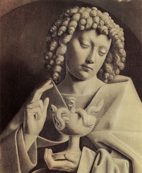 Eyck, Jan van: Genter Altar, Altar des Mystischen Lammes, rechter Auenflgel, untere innere Szene: Der Hl. Johannes der Evangelist, Detail, Skulpturimmitation