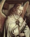 Eyck, Jan van: Genter Altar, Altar des Mystischen Lammes, linker Auenflgel, mittlere uere Szene: Verkndigungsengel, Detail: Gesicht des Engels