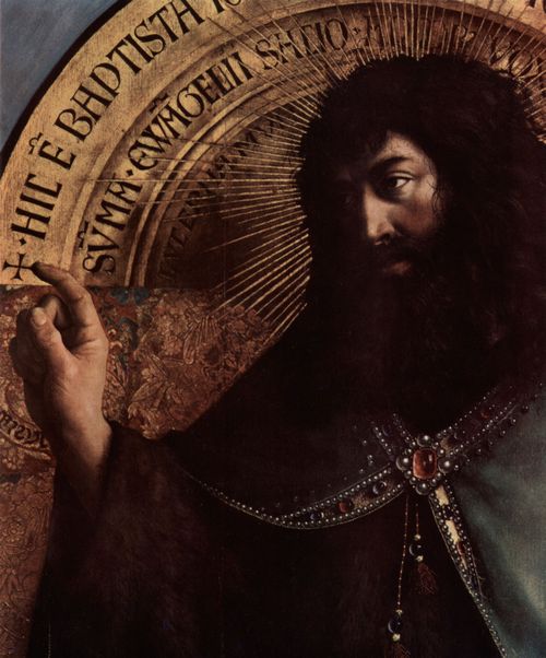 Eyck, Jan van: Genter Altar, Altar des Mystischen Lammes, obere rechte Haupttafel, Szene: Thronender Johannes der Tufer, Detail