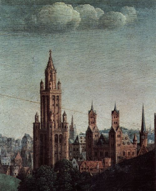 Eyck, Jan van: Genter Altar, Altar des Mystischen Lammes, Haupttafel, Szene: Die Anbetung des mystischen Lammes, Detail: Stadtlandschaft