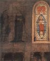 Eyck, Jan van: Maria Verkündigung, Detail: Kirchenfenster und Wandfresko