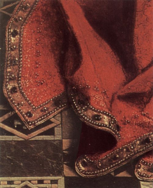 Eyck, Jan van: Madonna des Kanzlers Nicholas Rolin, Detail: Gewand der Maria mit Inschrift