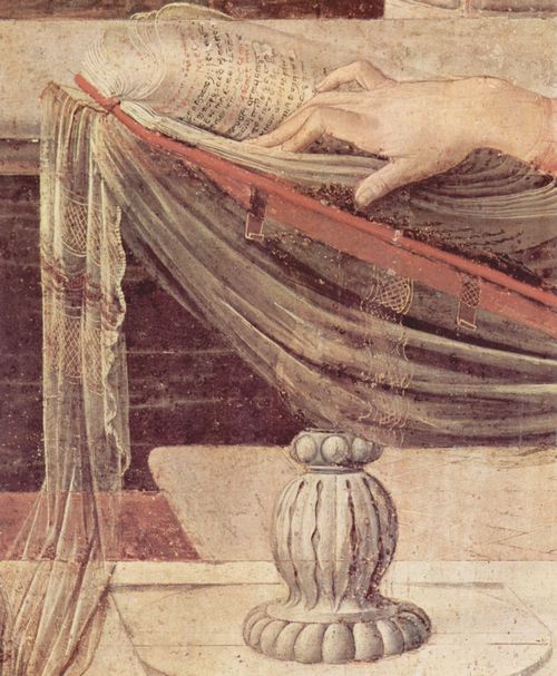 Leonardo da Vinci: Verkündigung an Maria, Detail: Hand der Maria in der Bibel