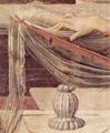 Leonardo da Vinci: Verkndigung an Maria, Detail: Hand der Maria in der Bibel