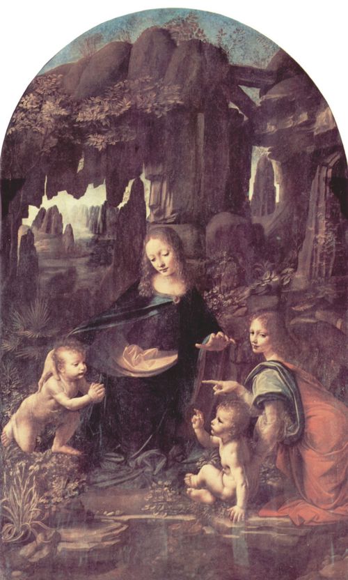Leonardo da Vinci: Madonna in der Felsengrotte, Szene: Maria mit Christuskind, Johannes dem Tufer als Kind und einem Engel