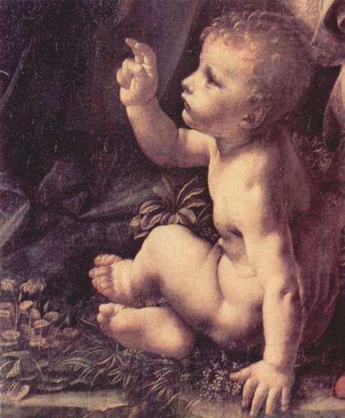 Leonardo da Vinci: Madonna in der Felsengrotte, Szene: Maria mit Christuskind, Johannes dem Tufer als Kind und einem Engel, Detail: Johannes der Tufer