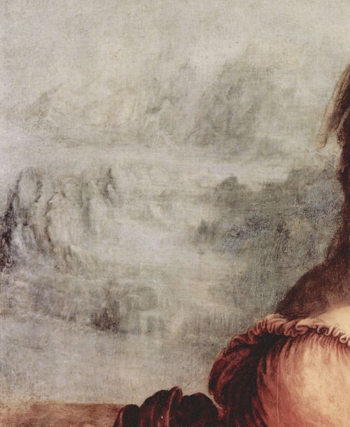 Leonardo da Vinci: Hl. Anna selbdritt, Szene: Hl. Anna, Maria, Christuskind mit Lamm, Detail: Landschaft
