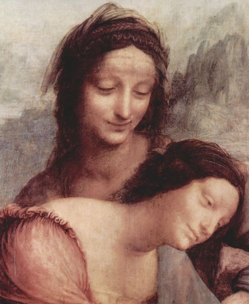 Leonardo da Vinci: Hl. Anna selbdritt, Szene: Hl. Anna, Maria, Christuskind mit Lamm, Detail: Anna und Maria