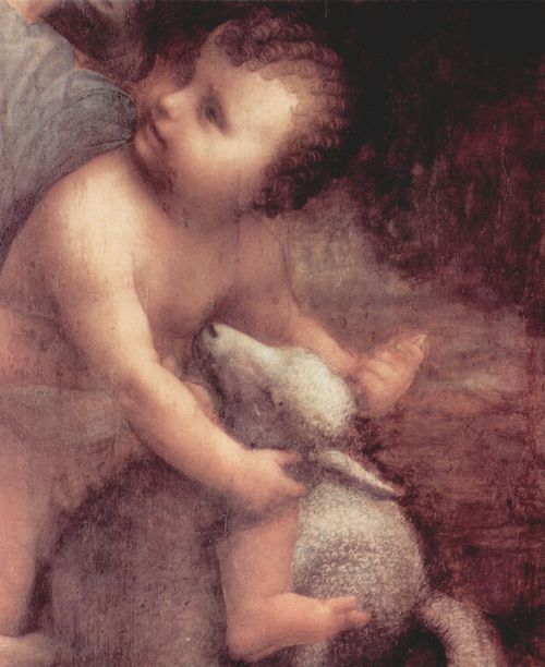 Leonardo da Vinci: Hl. Anna selbdritt, Szene: Hl. Anna, Maria, Christuskind mit Lamm, Detail: Christus und Lamm
