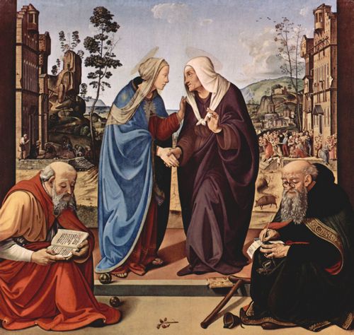 Piero di Cosimo: Heimsuchung, Szene: Maria und Hl. Elisabeth, Hl. Nikolaus und Hl. Antonius