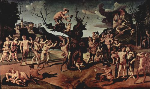 Piero di Cosimo: Geschichte des Silenos, Szene: Baccus entdeckt den Honig