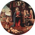 Piero di Cosimo: Anbetung des Kindes, Szene: Maria, Christuskind, kniender Engel, Hl. Johannes der Täufer, Tondo