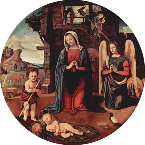 Piero di Cosimo: Anbetung des Kindes, Szene: Maria, Christuskind, kniender Engel, Hl. Johannes der Tufer, Tondo