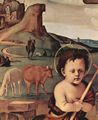 Piero di Cosimo: Anbetung des Kindes, Szene: Maria, Christuskind, kniender Engel, Hl. Johannes der Täufer, Detail, Tondo