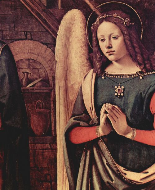 Piero di Cosimo: Anbetung des Kindes, Szene: Maria, Christuskind, kniender Engel, Hl. Johannes der Tufer, Detail, Tondo