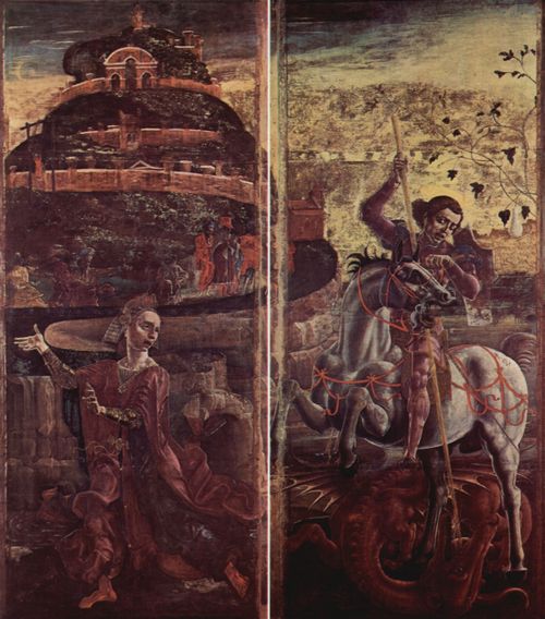 Tura, Cosm: Vier Orgelflgel des Ferraneser Doms, mit Heiligen Georg und dem Drachen und einer Verkndigung, Szene: Knigstochter und Hl. Georg ttet den Drachen