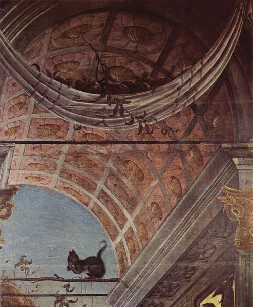 Tura, Cosm: Vier Orgelflgel des Ferraneser Doms, mit Heiligen Georg und dem Drachen und einer Verkndigung, Szene: Maria Verkndigung, Detail: Architektur