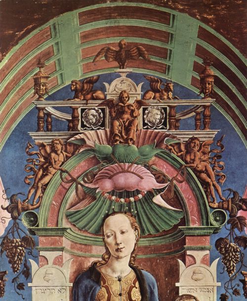 Tura, Cosm: Roverella-Altar fr St. Giorgio in Ferrara, Haupttafel, Szene: Thronende Madonna und musizierende Engel, Detail