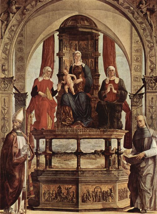 Roberti, Ercole de': Portuense-Altar, Szene: Thronende Madonna und Heilige: Hl. Augustinus, Hl. Anna, Hl. Elisabeth, Hl. Petrus Damiani