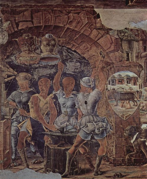 Tura, Cosm: Fresken mit Monatsdarstellungen im Palazzo Schifanoia, Szene: September-Triumphzug des Vulkanus, Detail