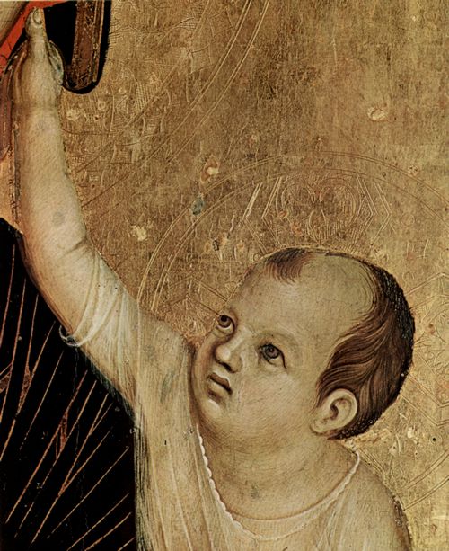 Duccio di Buoninsegna: Madonna di Crevole, Szene: Thronende Madonna und zwei Engel, Detail: Christuskind, Madonna der Kirche Santa Cecilia in Crevole