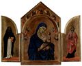 Duccio di Buoninsegna: Londoner Triptychon, Haupttafel: Madonna mit Engeln und Propheten im Giebelfeld, linker Flgel: Der Hl. Dominikus, rechter Flgel: Die Hl. Agnes