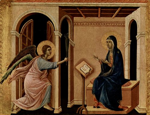Duccio di Buoninsegna: Maest, Altarretabel des Sieneser Doms, Vorderseite, Altarbekrnung mit Szenen zum Marientod, Szene: Verkndigung Marias Tod