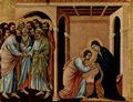 Duccio di Buoninsegna: Maestà, Altarretabel des Sieneser Doms, Vorderseite, Altarbekrönung mit Szenen zum Marientod, Szene: Verabschiedung Marias vom Hl. Johannes