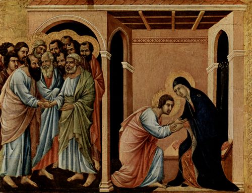 Duccio di Buoninsegna: Maest, Altarretabel des Sieneser Doms, Vorderseite, Altarbekrnung mit Szenen zum Marientod, Szene: Verabschiedung Marias vom Hl. Johannes