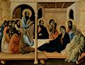 Duccio di Buoninsegna: Maest, Altarretabel des Sieneser Doms, Vorderseite, Altarbekrnung mit Szenen zum Marientod, Szene: Abschied Marias von den Aposteln