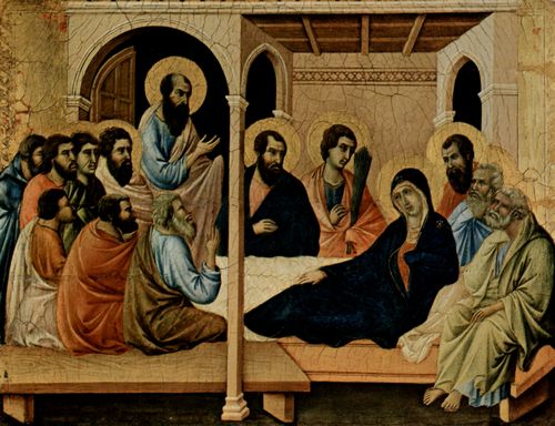 Duccio di Buoninsegna: Maest, Altarretabel des Sieneser Doms, Vorderseite, Altarbekrnung mit Szenen zum Marientod, Szene: Abschied Marias von den Aposteln